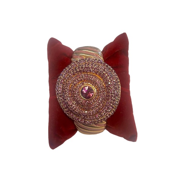 Vintage Y2K rose gold & pink pave rhinestone twisted hinged cuff, size Small - Picture 2 of 7